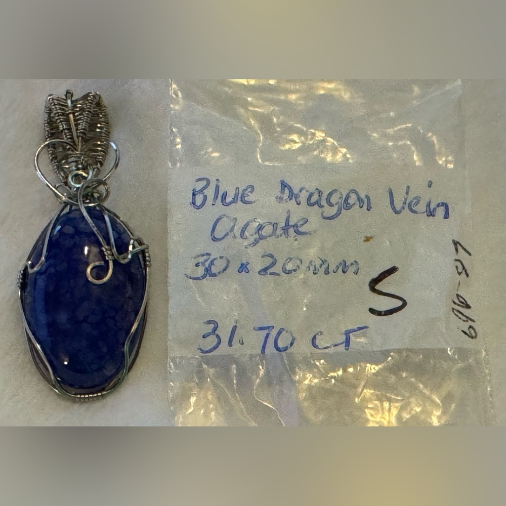 Blue Dragon Vein Agate Pendant with silver wire wrap